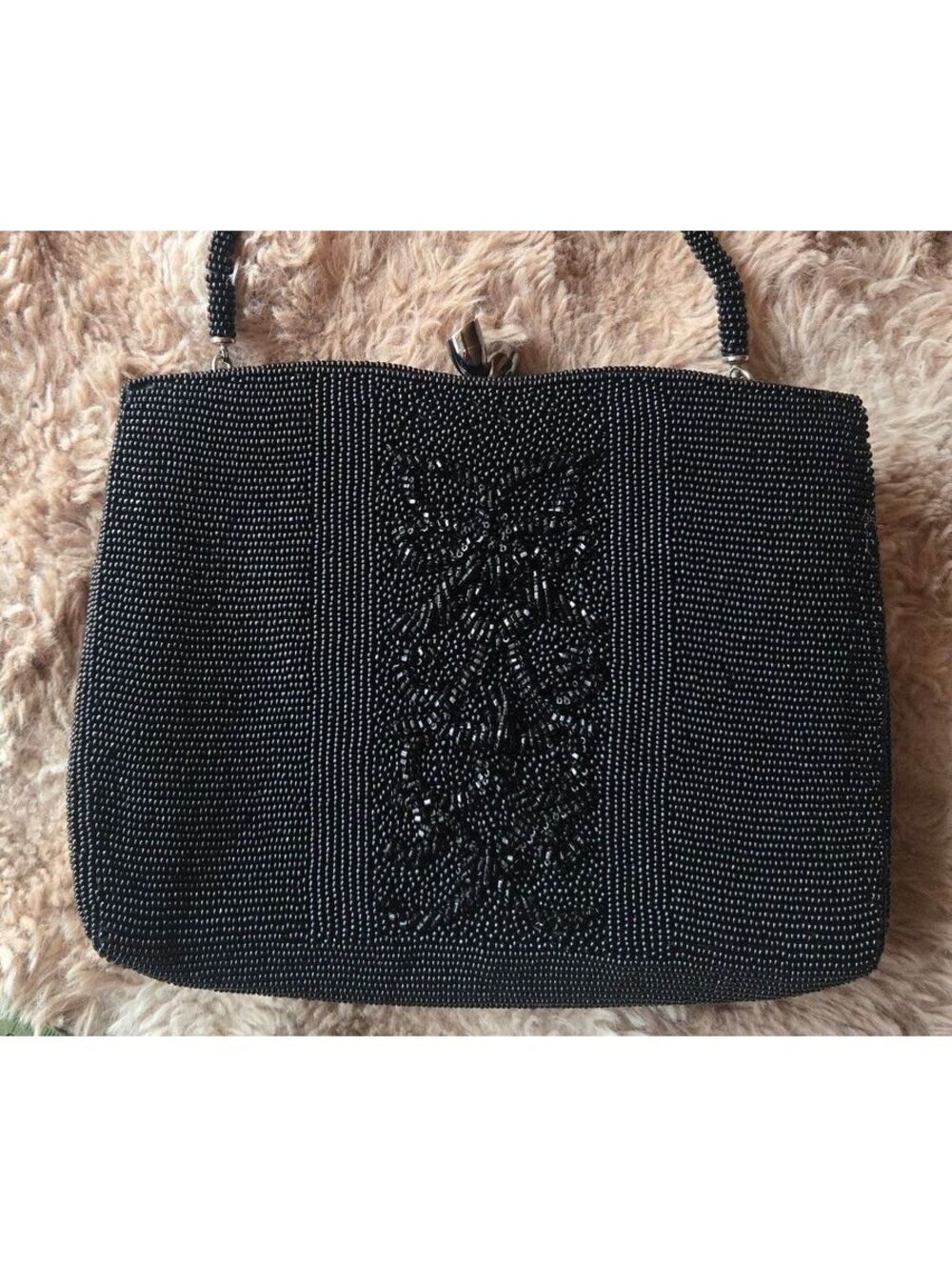 Vintage Black Beaded Evening Handbag with Floral Detail